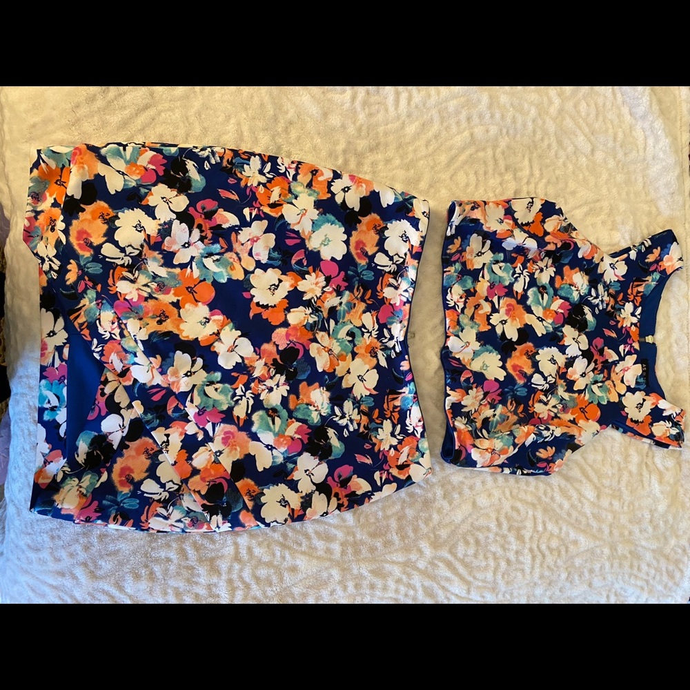 2 Piece Floral Crop Top Skirt Outfit